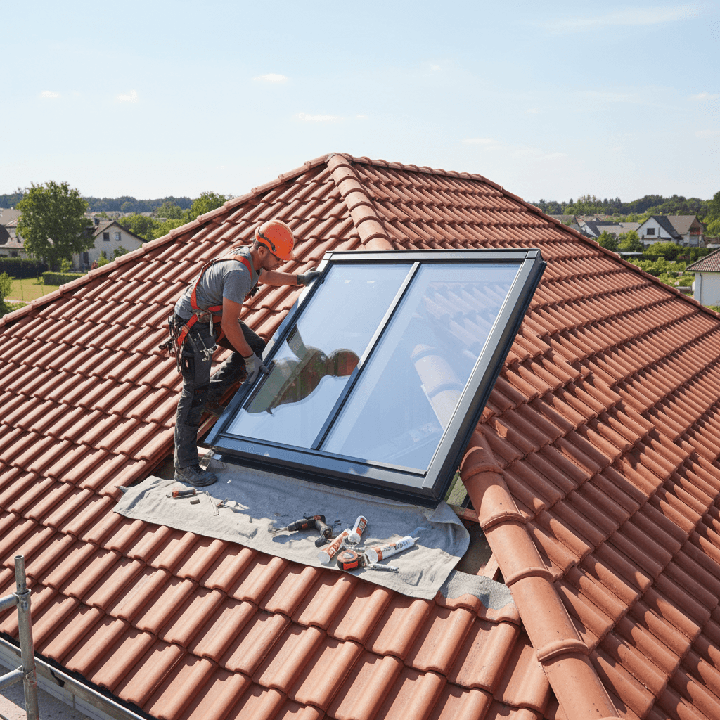 Pose d'un Velux sur une toiture en tuiles